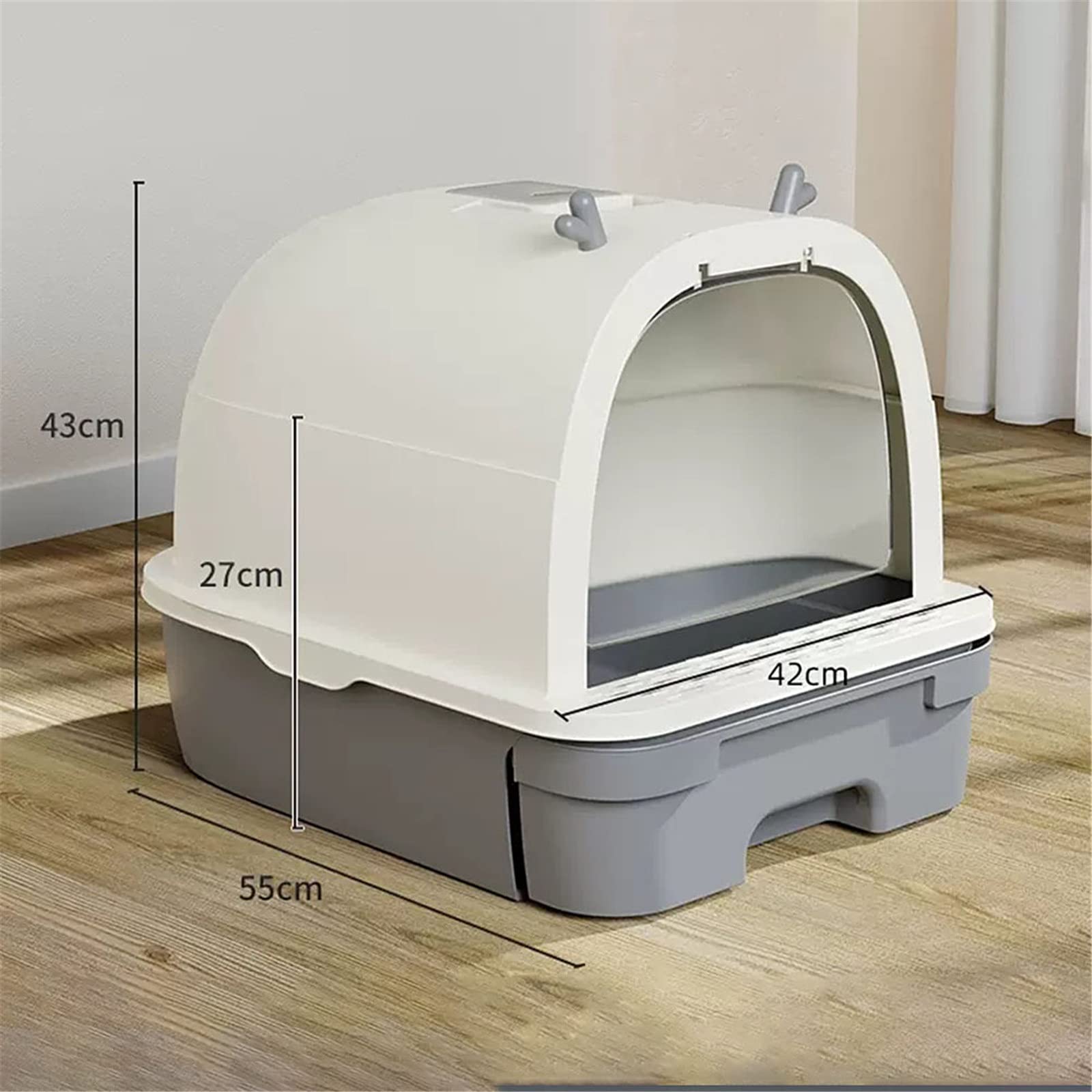 全封闭抽屉式猫砂盆尺寸图55cm超大号灰白色带抽屉清理