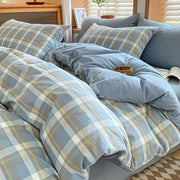 奶油风蓝黄格子四件套亲肤磨毛床单被套清新卧室实拍展示