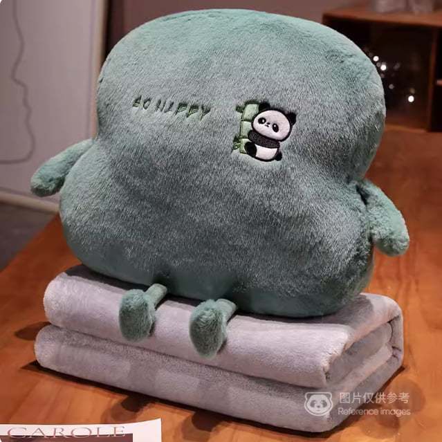熊猫二合一抱枕被绿色毛绒抱枕及灰色折叠空调被实拍展示