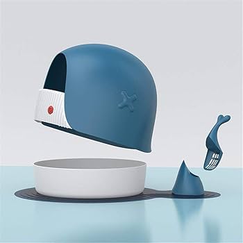 Honeycare鲸鱼猫砂盆深海蓝掀盖清理示意图尾巴是铲子创意设计