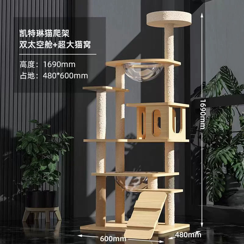 实木猫爬架尺寸图1.69米高带双太空舱和爬梯
