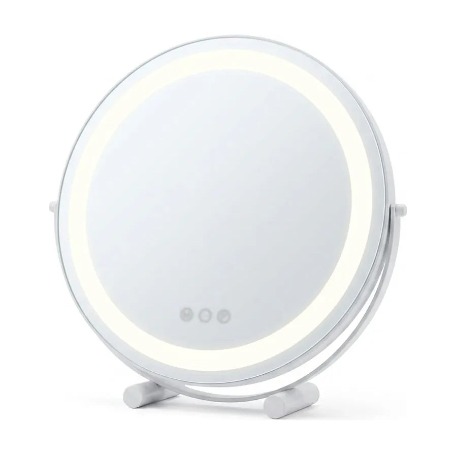 白色圆形 LED 化妆镜正面图，环形补光灯亮起，底部有三个触控按钮和稳固底座。