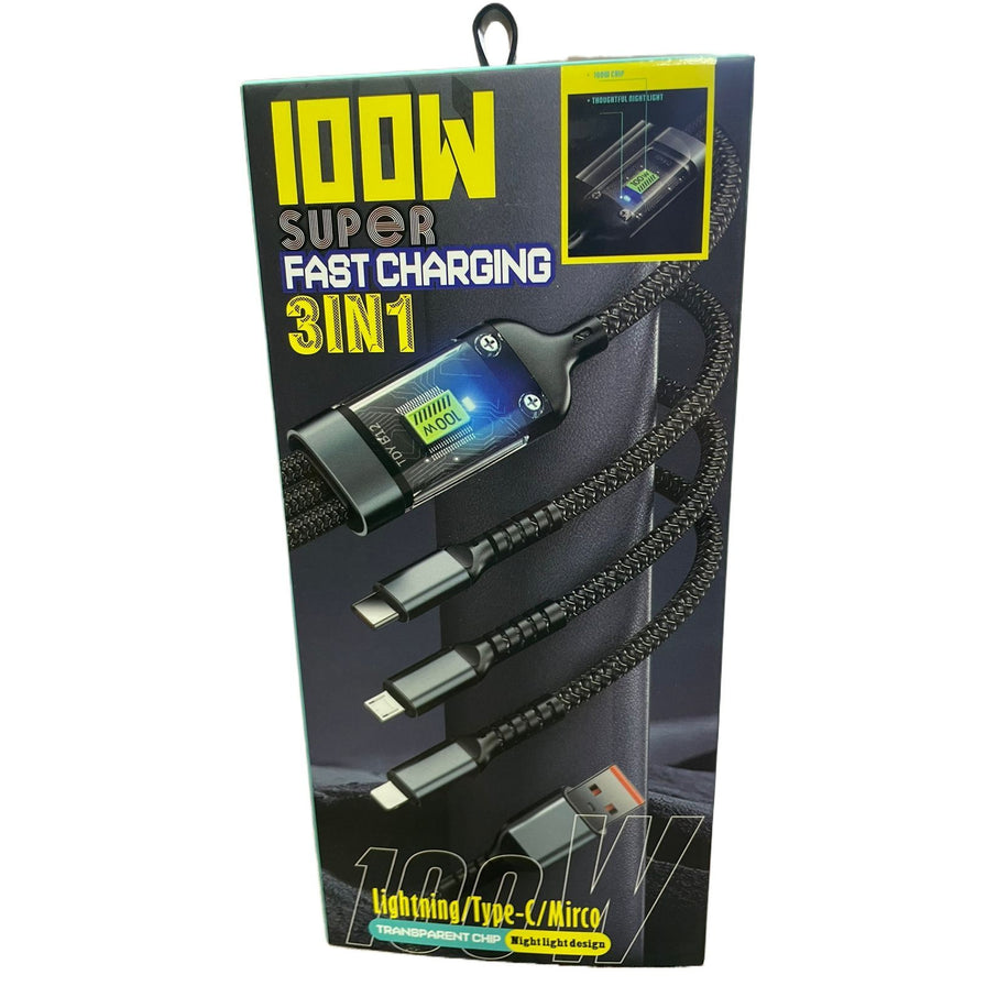 100W三合一超级快充数据线外包装盒，印有100W Super Fast Charging 3IN1字样，展示了透明芯片、夜灯设计及三种接口。