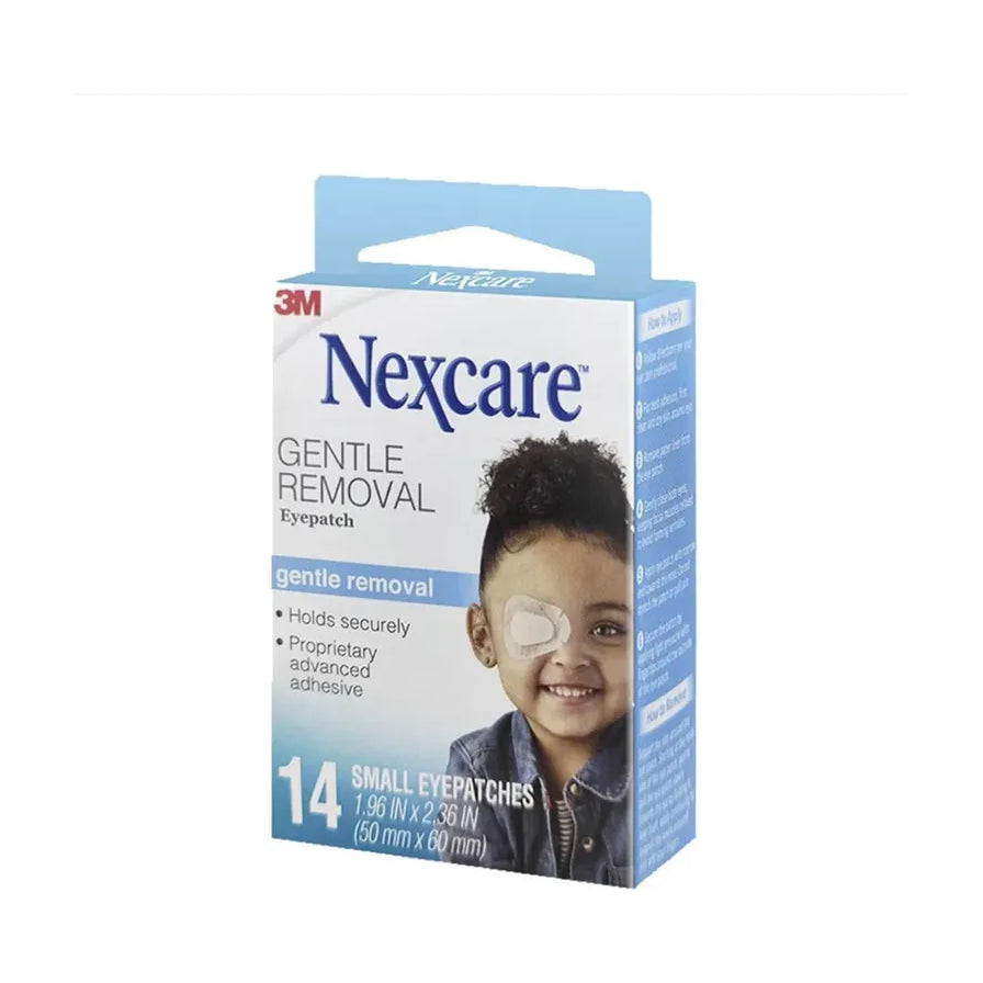 3M Nexcare Gentle Removal 眼贴盒装正面，蓝白包装，标注 14 片和儿童使用图