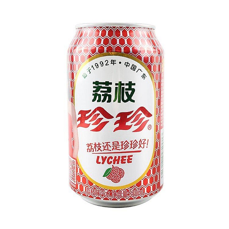 珍珍荔枝味汽水 330ml 易拉罐 Zhen Zhen Lychee Soda 80后90后怀旧零食 经典广东荔枝风味 气泡十足 聚餐解腻饮料