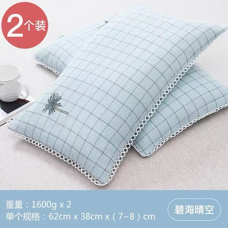 碧海晴空出口级饱满荞麦壳枕头2个装及清新蓝格子外观展示