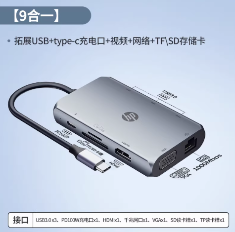 惠普-HP-Type-C-旗舰扩展坞-7合1-9合1-PD100W快充-4K投屏-千兆网口展示