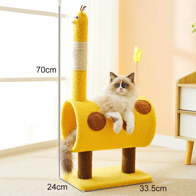 萌趣长颈鹿造型猫爬架带隧道猫窝和剑麻磨爪柱70cm高