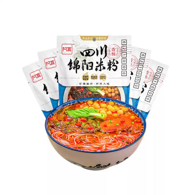 阿宽四川绵阳米粉包装正面图，展示红油汤粉风味及混合装规格选项