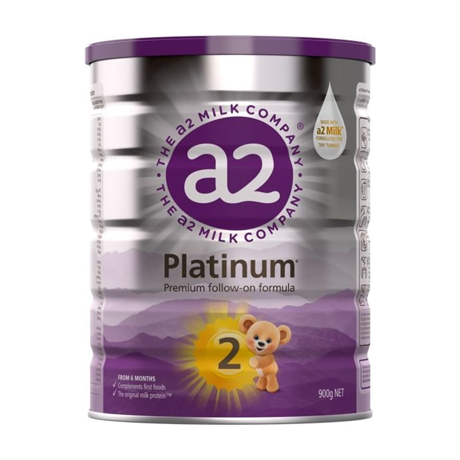 a2 Platinum 白金版 2段婴幼儿配方奶粉 900g 罐装正面图，紫色包装印有小熊图案。
