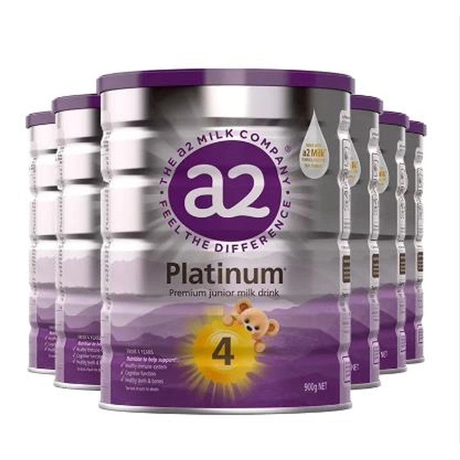 六罐 a2 Platinum 4段儿童成长奶粉组合展示，适合家庭囤货。