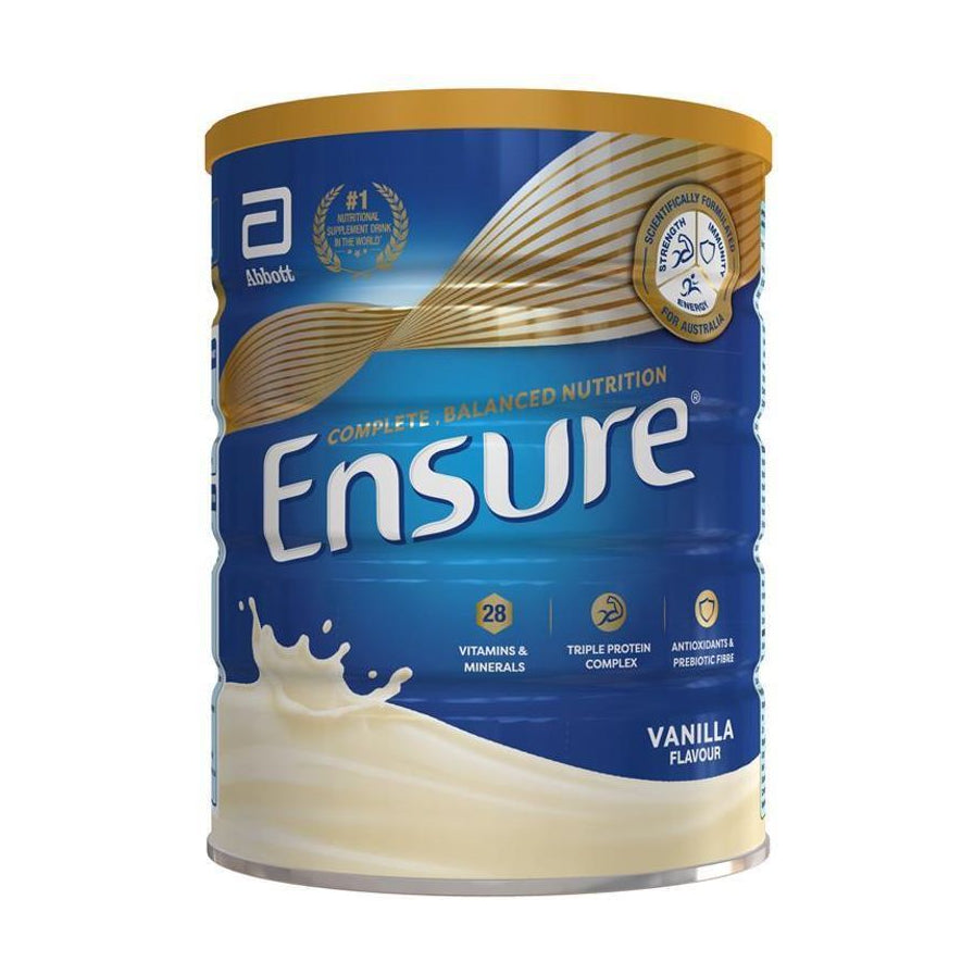 雅培 Ensure 安素成人营养粉 850g 香草味罐装正面图，展示蓝色罐身、品牌 Logo 及牛奶飞溅图案。