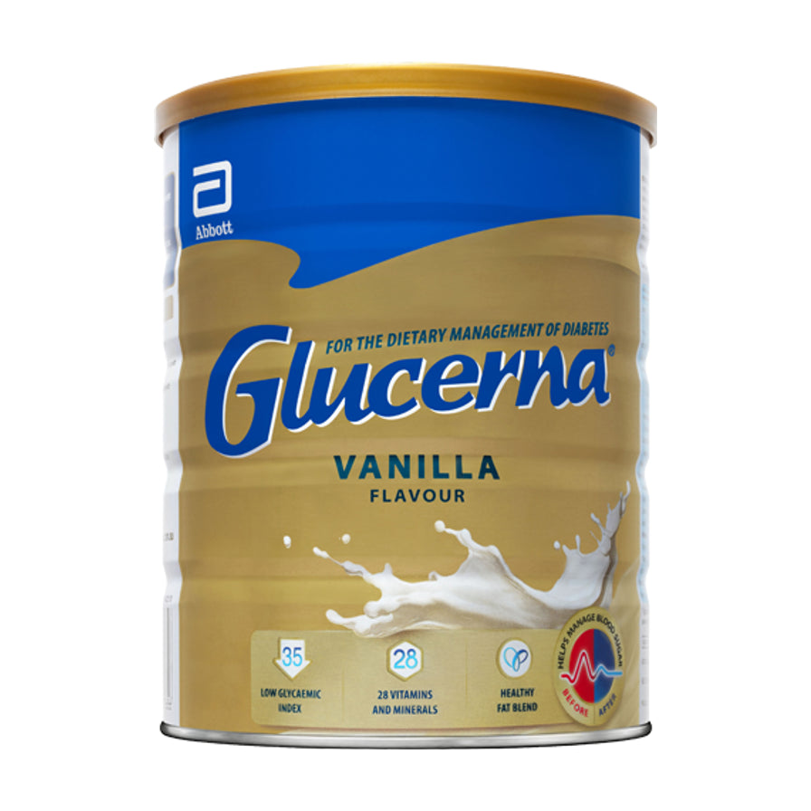 雅培 Glucerna 怡保康香草味成人营养粉 850g 罐装正面图，展示蓝色与金色的包装设计及牛奶飞溅图案。