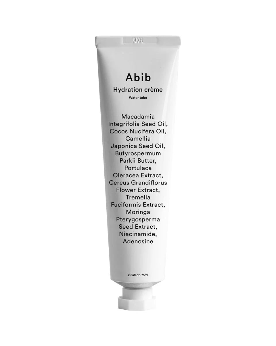ABIB 补水保湿面霜管状包装正面图，白色简约设计