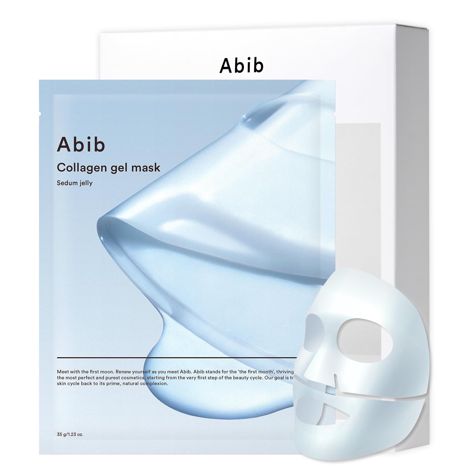 Abib 面膜单片包装特写，展示透明凝胶质地与精华液细节