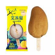 艾冰客冻梨雪泥冰棒独立包装正面图，白色背景展示 80g 东北风味冷冻甜点