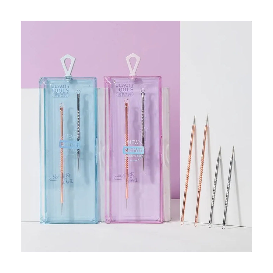 上野拉美拉暗疮针套装展示，包含蓝色和粉色透明收纳盒及四支不同针头的美容工具。