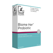 Activated Probiotics Biome Her 女性私处益生菌包装盒，白色与蓝绿色调，标注30粒胶囊装。
