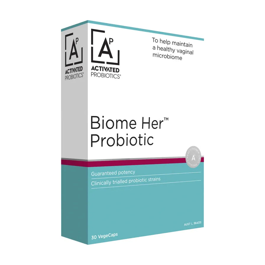 Activated Probiotics Biome Her 女性私处益生菌包装盒，白色与蓝绿色调，标注30粒胶囊装。