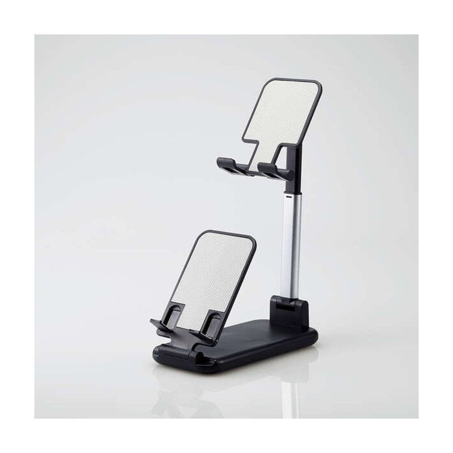 黑色可调节高度的桌面支架侧视图，展示银色伸缩杆和防滑支撑面。