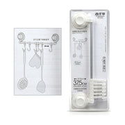 无痕贴六连活动挂钩标准款白底图，展示产品包装及伸缩调节示意图。