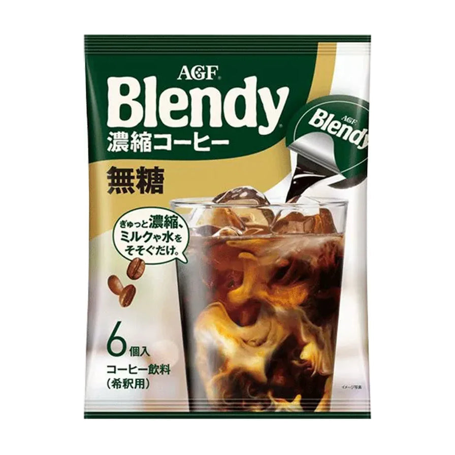 AGF Blendy 浓缩咖啡液无糖型包装，绿色背景，正面印有冰美式咖啡效果图，标注6个装。