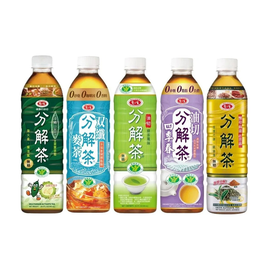 爱之味分解茶全系列展示，包含山苦瓜、双纤麦茶、日式绿茶、四季春、秋姜黄五种口味瓶装。瓶身印有分解茶字样，展示0糖0卡卖点。