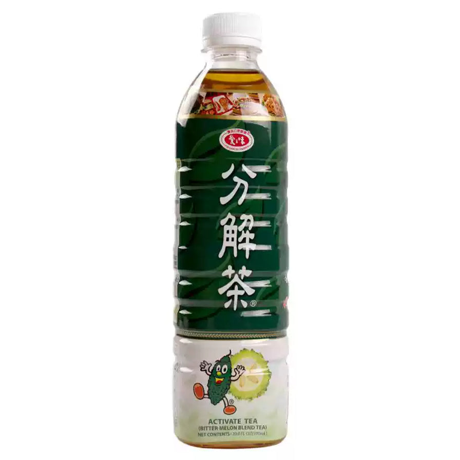 爱之味分解茶山苦瓜口味瓶装，深绿色包装，瓶身印有山苦瓜卡通形象及分解茶字样，标注无糖。瓶口上方展示火锅、烧烤等解腻场景。
