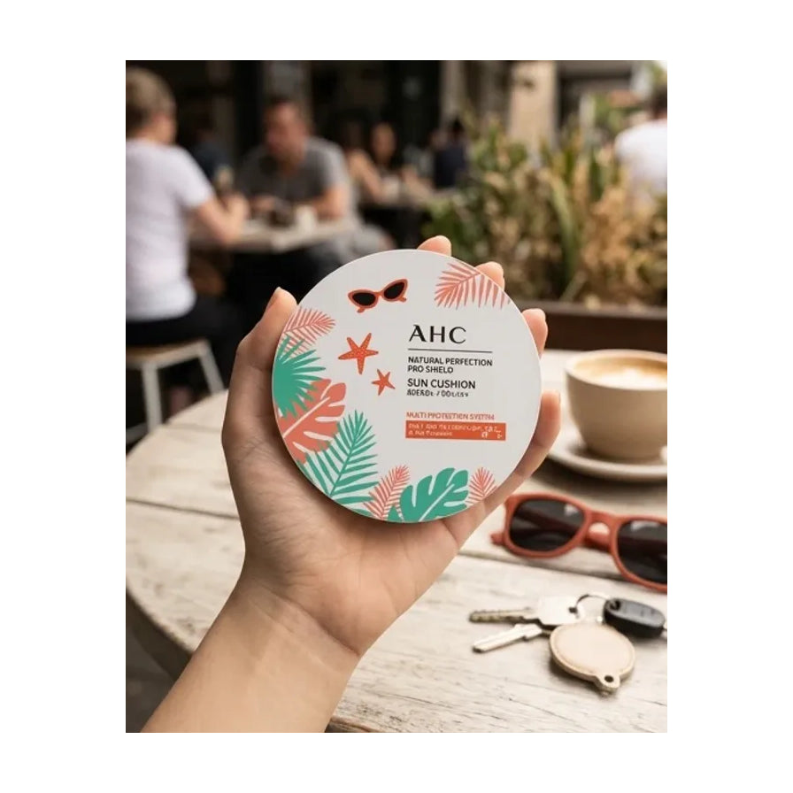 户外生活场景图，一只手拿着 AHC 防晒气垫，背景为模糊的咖啡馆桌椅。