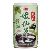 爱之味寒天嫩仙草即食罐装特写，展示透明包装内 Q 弹的黑色仙草冻质地。