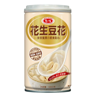 爱之味花生豆花即食罐装特写，展示细腻豆花与饱满花生仁的混合内容物。