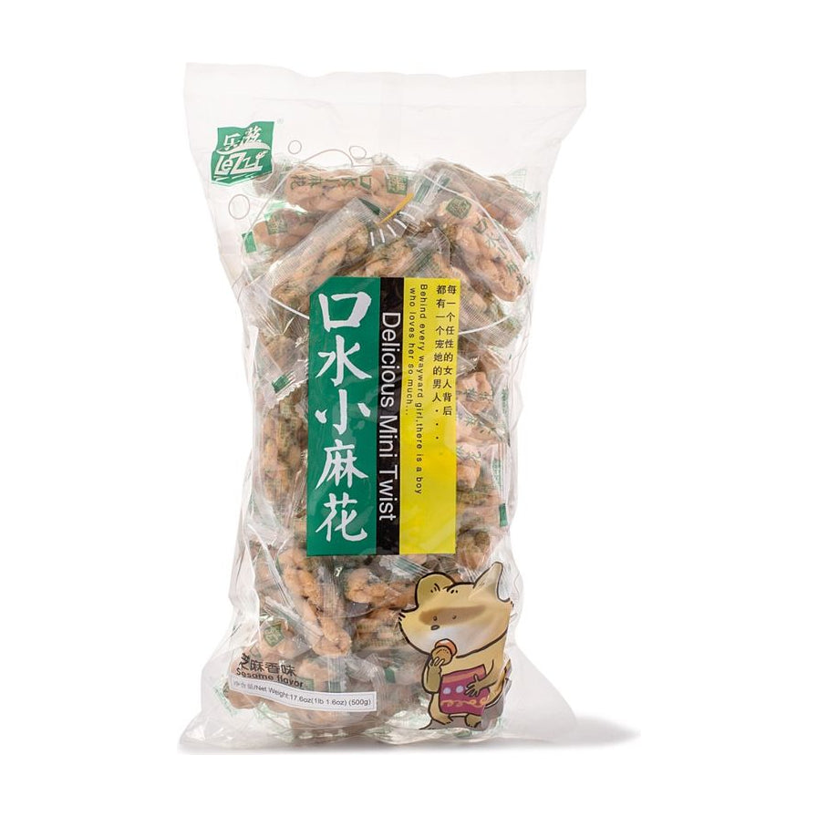 爱乐滋口水小麻花大包装袋正面图，透明包装可见内部独立小包装，标签印有“口水小麻花”及卡通图案。