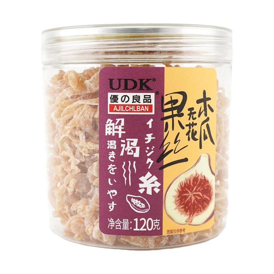 优之良品木瓜无花果丝，透明罐装，内含细碎的浅色果丝，标签印有无花果图案。
