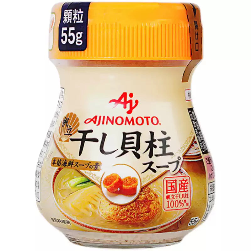 味之素干贝素 55g 瓶装正面图，白色瓶身配红色标签，展示日本进口调味品包装细节。