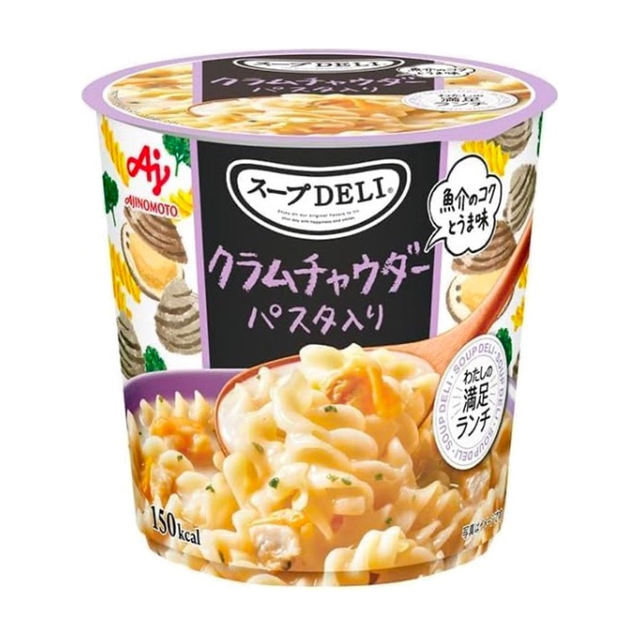 味之素浓汤意大利面蛤蜊味杯装，包装上印有螺旋意面、蛤蜊图案以及150kcal热量标识。