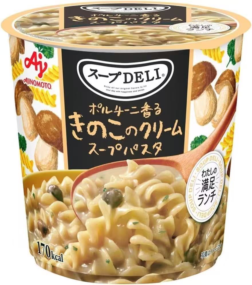 味之素浓汤意面奶油牛肝菌味杯装正面，展示米色包装与螺旋粉实物图