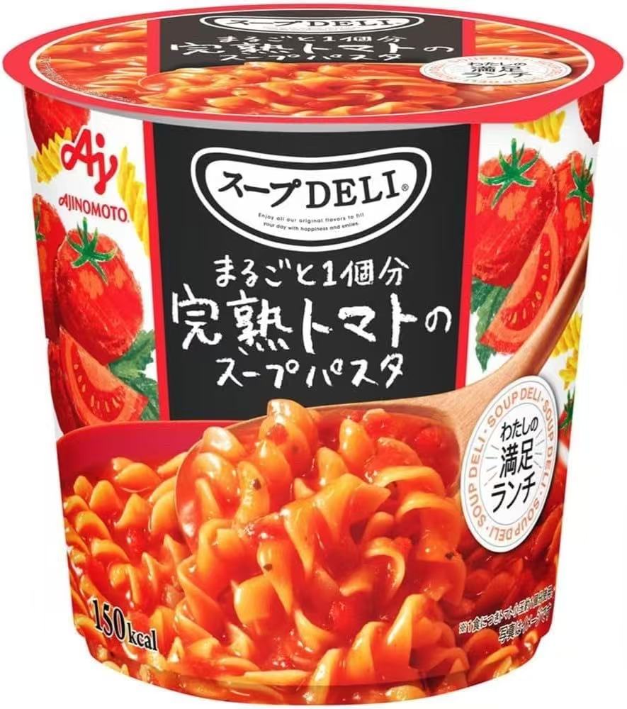 味之素浓汤意面番茄味杯装正面，展示红色包装与螺旋粉实物图