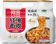 阿宽红油酸辣味面皮包装正面，展示非油炸宽面与红色酱料包