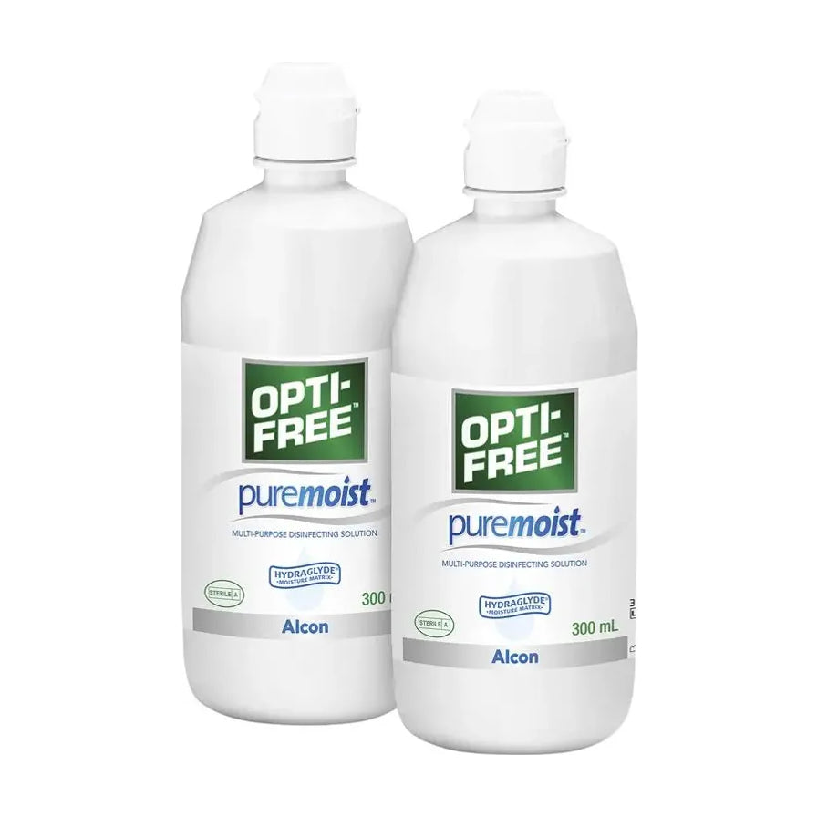 两瓶 Alcon OPTI - FREE puremoist 隐形眼镜护理液，白底展示，瓶身可见 300 mL 标识
