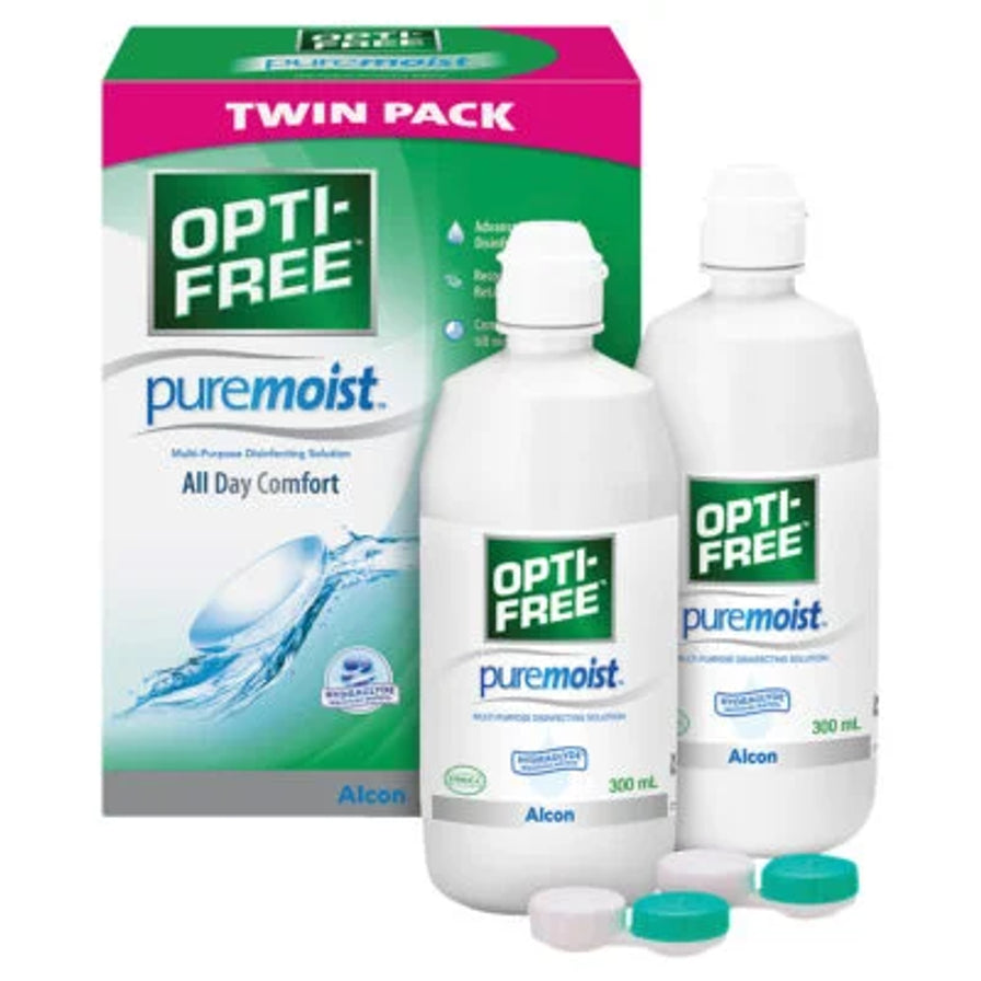 Alcon OPTI - FREE puremoist 隐形眼镜护理液双瓶装，带包装盒和瓶盖，白底展示