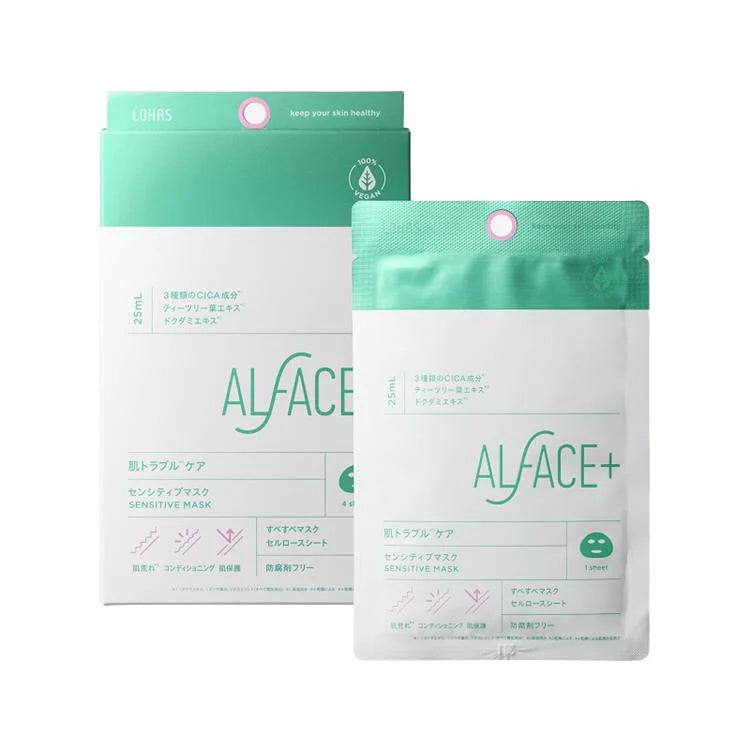 ALFACE+ 积雪草面膜包装盒正面，展示绿色植物元素与四片装规格信息
