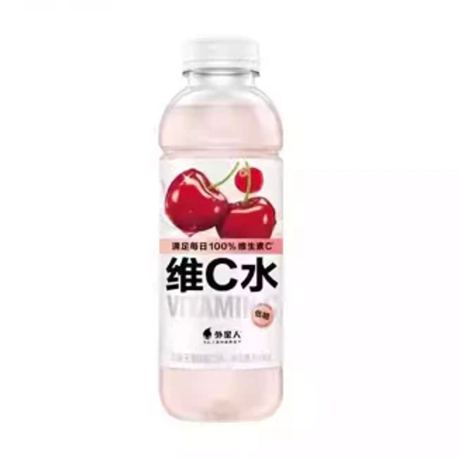 单瓶外星人维C水车厘子蔓越莓味，瓶身标签印有红樱桃图案和维C水字样，液体呈淡粉色。