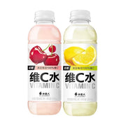 两瓶外星人维C水并排展示，左侧为车厘子蔓越莓味，右侧为西西里柠檬味，瓶身印有水果图案及维C水文字。