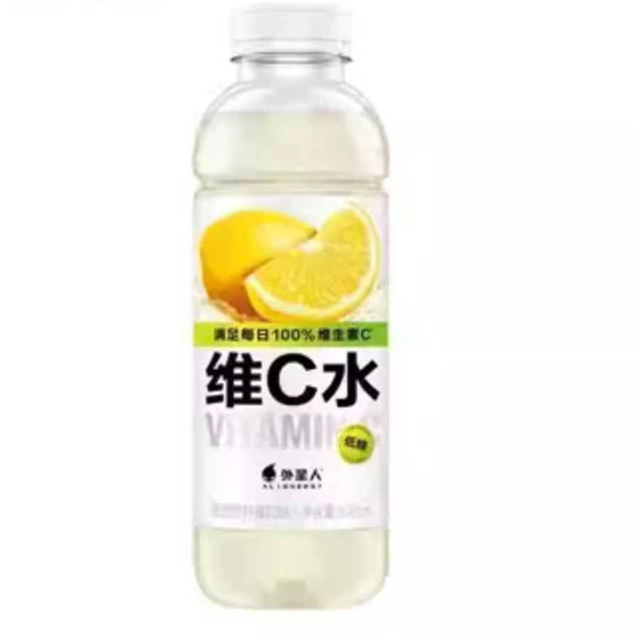 单瓶外星人维C水西西里柠檬味，瓶身标签印有切开的柠檬图案和维C水字样，液体呈淡黄色。