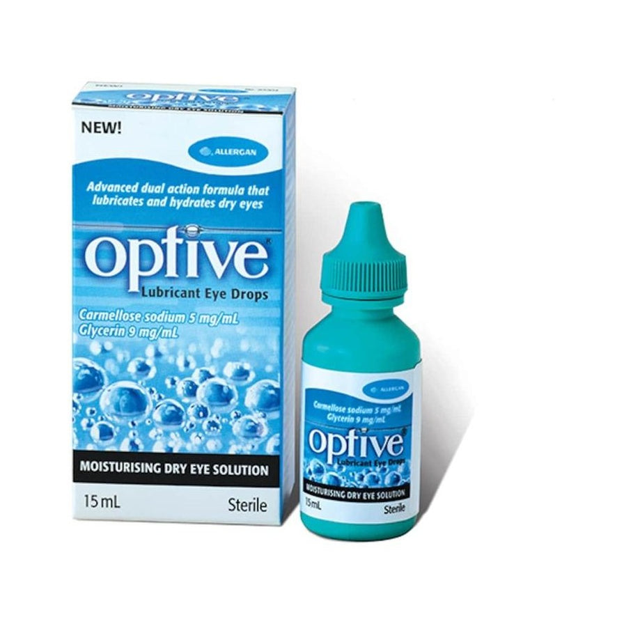 Allergan Optive 润眼液外盒与滴眼液瓶并排展示，蓝白包装，瓶身和盒身可见 optive、15 mL 和 Sterile 文字