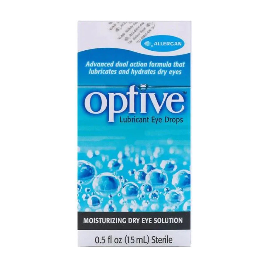 Allergan Optive 润眼液外盒正面，蓝白包装，显示 optive、Lubricant Eye Drops、15 mL 和 Moisturizing Dry Eye Solution 文字