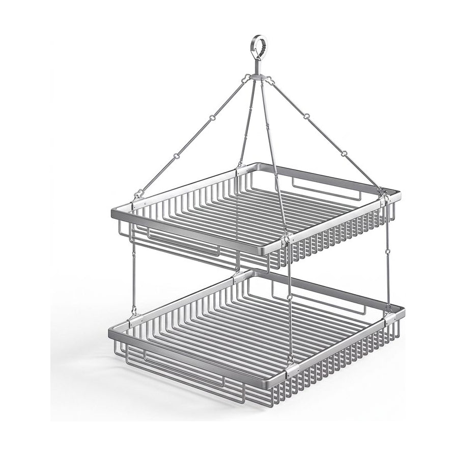 钛空银方形铝合金双层晒衣篮，白底正面展示图，可见上下两层网格结构与悬挂挂钩。