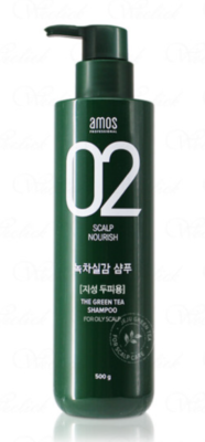 Amos 02 绿茶双重水润洗发水正面图，浅绿色瓶身搭配质地展示