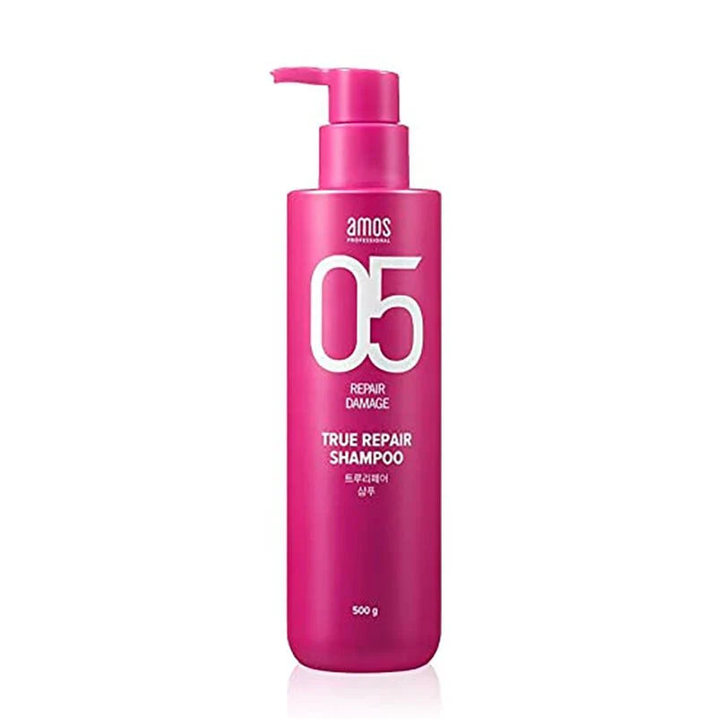 Amos 05 True Repair 粉色修复洗发水正面图，玫红色瓶身设计