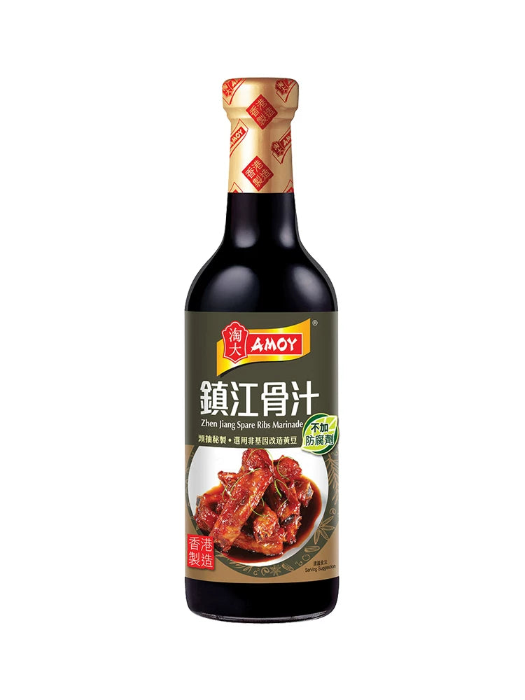 淘大 AMOY 镇江骨汁 450ml 瓶身正面，零添加防腐剂红烧排骨酱标签清晰可见